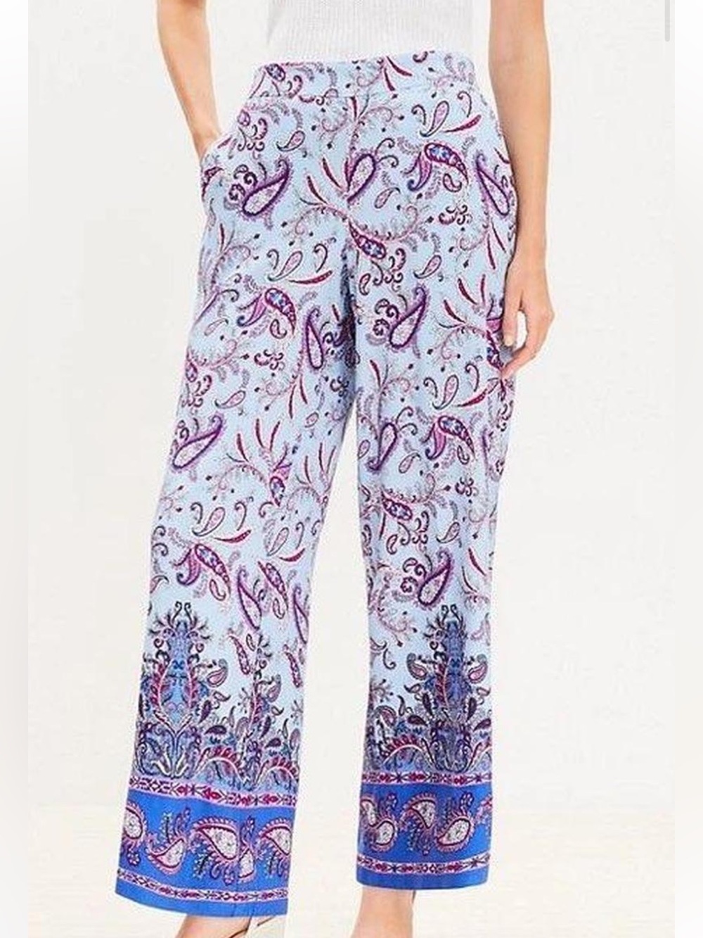 LOFT French Blue Paisley-Print Wide Leg Linen Blend Pull on Pants SZ M